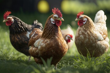 Fototapeta premium Chickens at a traditional free-range poultry farm. a flock of chickens grazing on the grass. AI Generation
