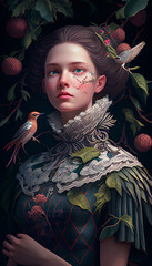 portrait of a woman with bird in the magic forest