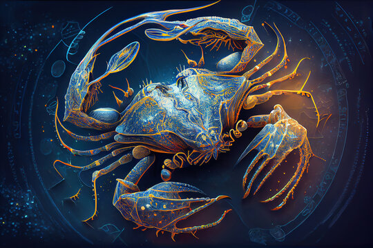 Modern magic witchcraft card with astrology Cancer zodiac sign. A fantastic image of a huge crab against the background of the zodiac circle and the starry sky. Zodiac characteristic - Generative AI