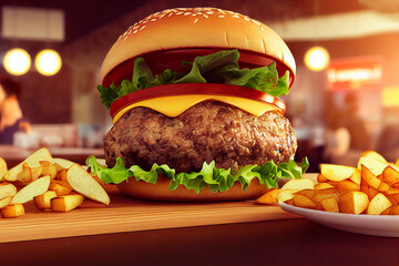 Tasty burger. Fresh delicious and delightful hamburger. Illustration for advertising posters, flyers, prints, bigboards.