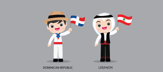 People in national dress.Dominican Republic,Lebanon,Set of pairs dressed in traditional costume. National clothes. illustration.
