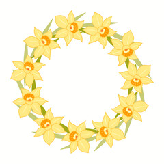 Clip art of hand drawn wreath with daffodils on isolated background. Design for mother's day, springtime and summertime celebration, scrapbooking, wedding invitation, textile, home decor.
