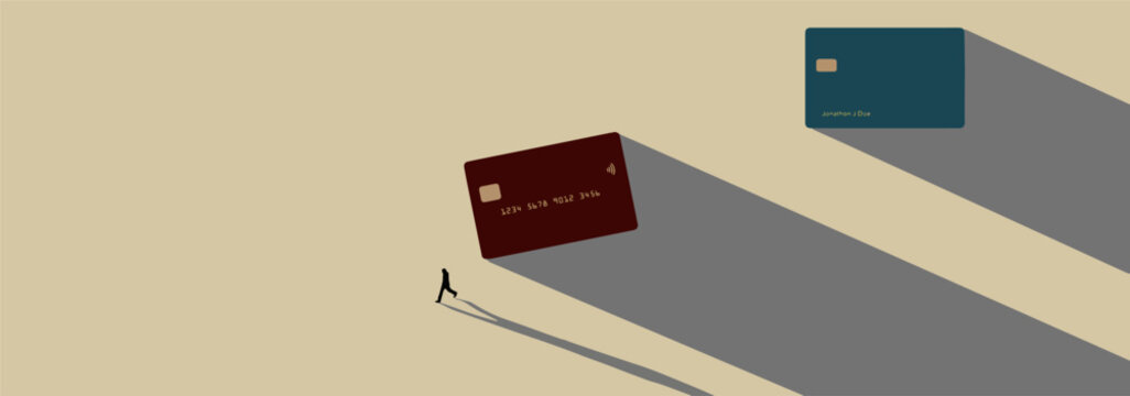 Two Contemporary Design Credit Or Debit Cards Cast Long Shadows When Seen From Above. A Human Figure Also Casts A Long Shadow In This Vector Illustration.