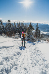 Mountaineer backcountry ski walking ski alpinist in the mountains. Ski touring in alpine landscape with snowy trees. Adventure winter sport. Kralova hola, Slovakia © Zedspider