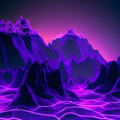 winter mountain landscape with snow neon lights