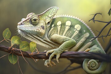 On a branch, a young female Pied veiled Chameleon Cropped image of a female veiled chameleon perched on a branch, Closeup of a pie faced veiled chameleon, taken in a natural setting. Generative AI