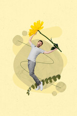 Photo collage picture poster postcard artwork of crazy joyful guy hold big yellow flower preparing 8 march isolated on drawing background