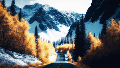Snowy road in mountains. Autumn trees. Beautiful landscape. Generative AI.
