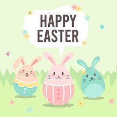 Obraz na płótnie Canvas Happy Easter Bunny illustration. Bunny combines egg shape, on a green field background. Cute simple pastel soft color, vector.
