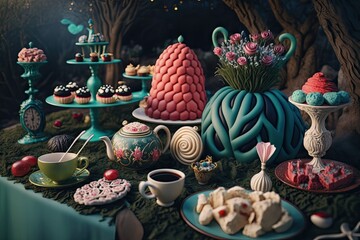 Set a festive scene for your tea ceremony with a table decorated for the season. Candy buffet table. Dessert tea. List of Strange Things That Happen to Alice in Wonderland. Generative AI