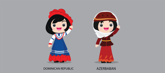 People in national dress.Dominican Republic,Azerbaban,Set of pairs dressed in traditional costume. National clothes. illustration.