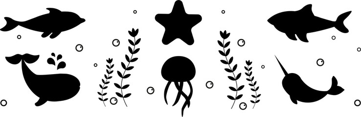 Set of sea animals. Vector. Childlike style. PNG. Transperance. © Elene le13
