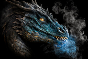 Evil fire-breathing dragon close-up with burning eyes and scales on a dark background, a fairy tale character. Generative AI