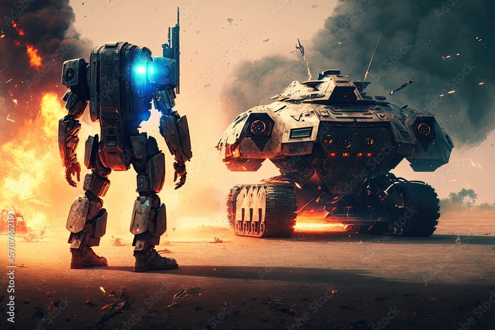 Poster robots from outer space square off. view of landscape including an automobile on fire and fighting a