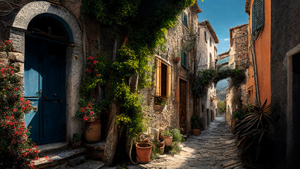 Lovely italian village. Ai llustration, fantasy digital painting, artificial intelligence artwork