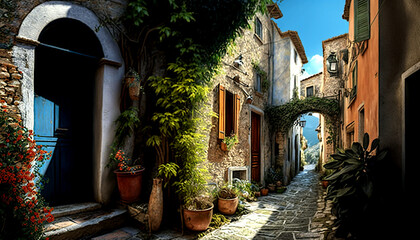 Lovely italian village. Ai llustration, fantasy digital painting, artificial intelligence artwork