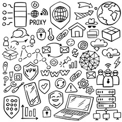 Set of proxy server doodle on white background. Web doodle, VPN server design elements. Internet doodles. Vector illustration. © Lida