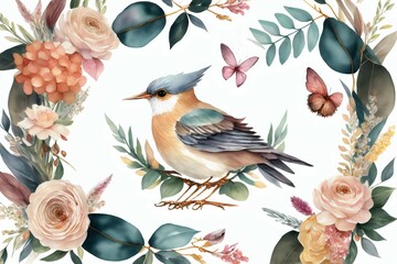 Decorative elements for invitation, card. Watercolor colorful floral paintings. Bird, flowers, frame. Generative AI