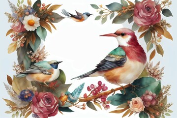 Fototapeta na wymiar Ornament design for invitation, card. Watercolor and colorful floral paintings. Bird, flowers, frame. Generative AI