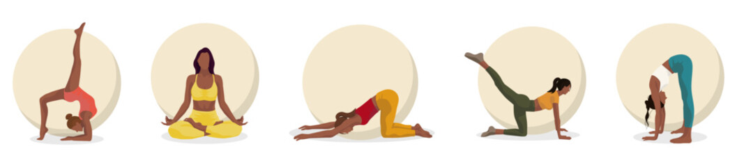 5 black girls set doing sport stretching yoga in different poses with circles behind on white background for banners, flyers, cards
