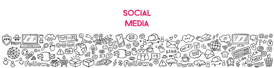 Banner of social media doodle on white background. Internet doodles. Vector illustration.