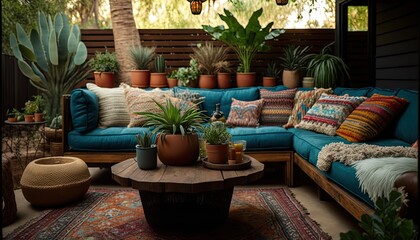 Fototapeta na wymiar A bohemian-inspired outdoor living space with a mix of textures and patterns. The area features a wooden deck and comfortable seating, surrounded by lush greenery and potted plants generative ai