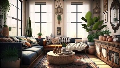 A chic bohemian living room with a mix of patterns, textures, and plants. The atmosphere is eclectic and relaxed generative ai