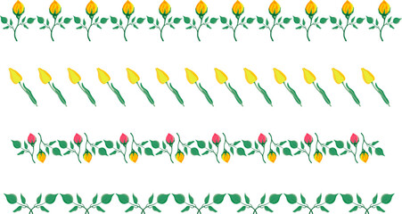 Set of borders yellow roses and tulip flowers lined up in row vector