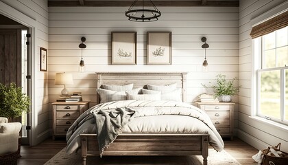 A cozy farmhouse-style bedroom with a shiplap accent wall, a distressed wood bed frame, and a soft neutral color palette. The mood is warm and inviting generative ai