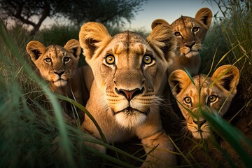 lion, lioness  and cubs - Illustration Created with Generative ai - obrazy, fototapety, plakaty