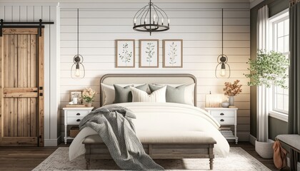 A cozy farmhouse-style bedroom with a shiplap accent wall, a distressed wood bed frame, and a soft neutral color palette. The mood is warm and inviting generative ai