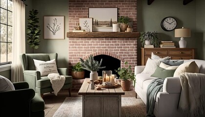 A cozy living room with a rustic farmhouse style. The room features a plush beige sofa and a wooden coffee table. A white brick fireplace adds warmth to the space. generative ai