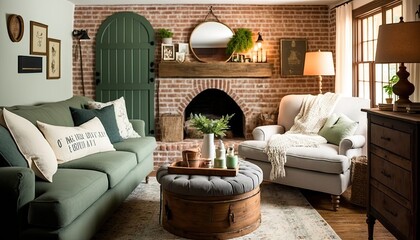 A cozy living room with a rustic farmhouse style. The room features a plush beige sofa and a wooden coffee table. A white brick fireplace adds warmth to the space. generative ai