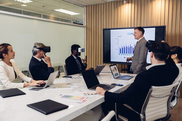 business persons with virtual reality headsets in meeting room at the office. businessperson brainstorming on a virtual 3d vr goggles.
