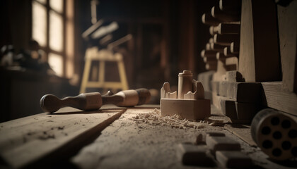 Abstract carpentry woodcraft studio, indoor woodworking workshop background with copy space. AI generative image.