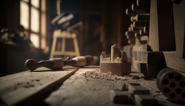 Abstract carpentry woodcraft studio, indoor woodworking workshop background with copy space. AI generative image.