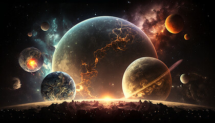 Planets, unreal planetary system, other worlds concept. Ai llustration, fantasy digital, artificial intelligence artwork.