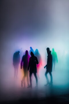 Blur photo, rainbow colors siluets of dancing people, dark glacial fog background, minimalism generative ai