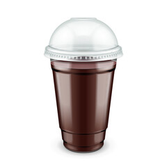 Mockup Filled Disposable Plastic Cup With Lid. Coffee, Java, Tea, Cappuccino, Chocolate, Cola Fresh Juice. Transparent. Illustration Isolated On White Background Mock Up Template For Your Design.