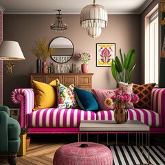 Eclectic living room with a mix of bold patterns and textures. There is a colorful striped sofa and a collection of patterned throw pillows. The walls are painted a soft pink generative ai