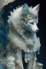 ethereal ,glacial , full length arctic Fox , gauzy ice fashion, gorgeous dramatic close-up full body bioluminescent floral headdress , ornate carnvial glass scaled armor, beautiful generative ai