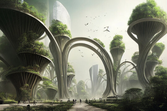 Futuristic park made from arches and new materials created with Generative AI Technology.