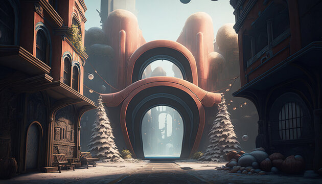 Alleyway of a city in a fairy tale world created with Generative AI Technology.