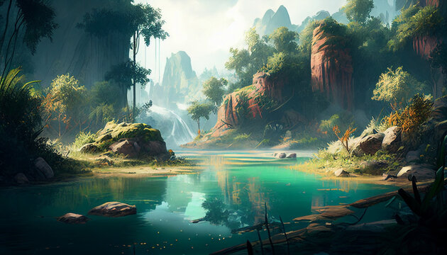 Peaceful stream in the forest created with Generative AI Technology.