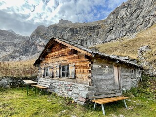 Traditional wooden mountain hut in Brand. Vorarlberg, Austria.