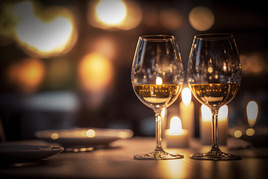 Generative AI dining table for two people. Bottle of red wine and two glasses. bokeh blurred background
