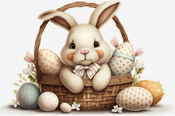 Adorable Easter Bunny in Basket with Decorated Eggs Illustration
