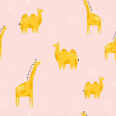 Seamless pattern with african giraffes and camels
