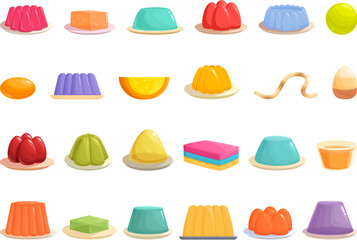 Gelatin icons set cartoon vector. Water food. Jelly dessert