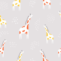 Seamless pattern with african dotted giraffes and abstract shapes